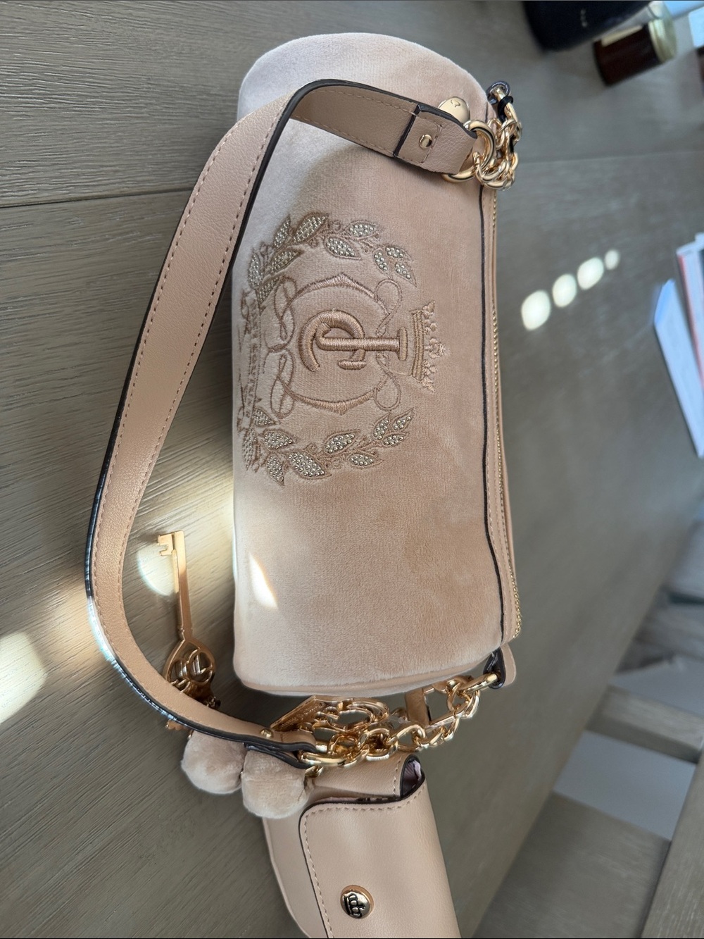 Juicy Couture Blush Pink Suede Embroidered Shoulder Bag with Gold Chain